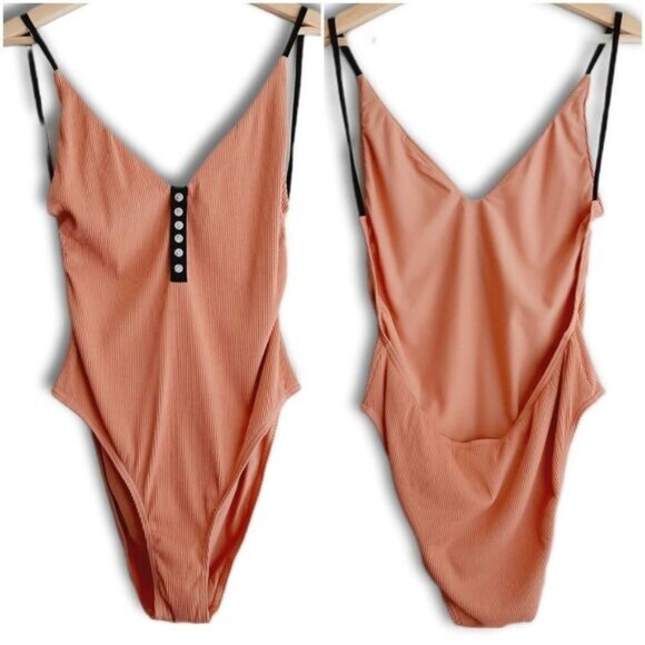 TOPSHOP Ribbed Plunge V-Neck Button Detail Swimsuit Nude One Piece Sz 10 - Picture 2 of 11